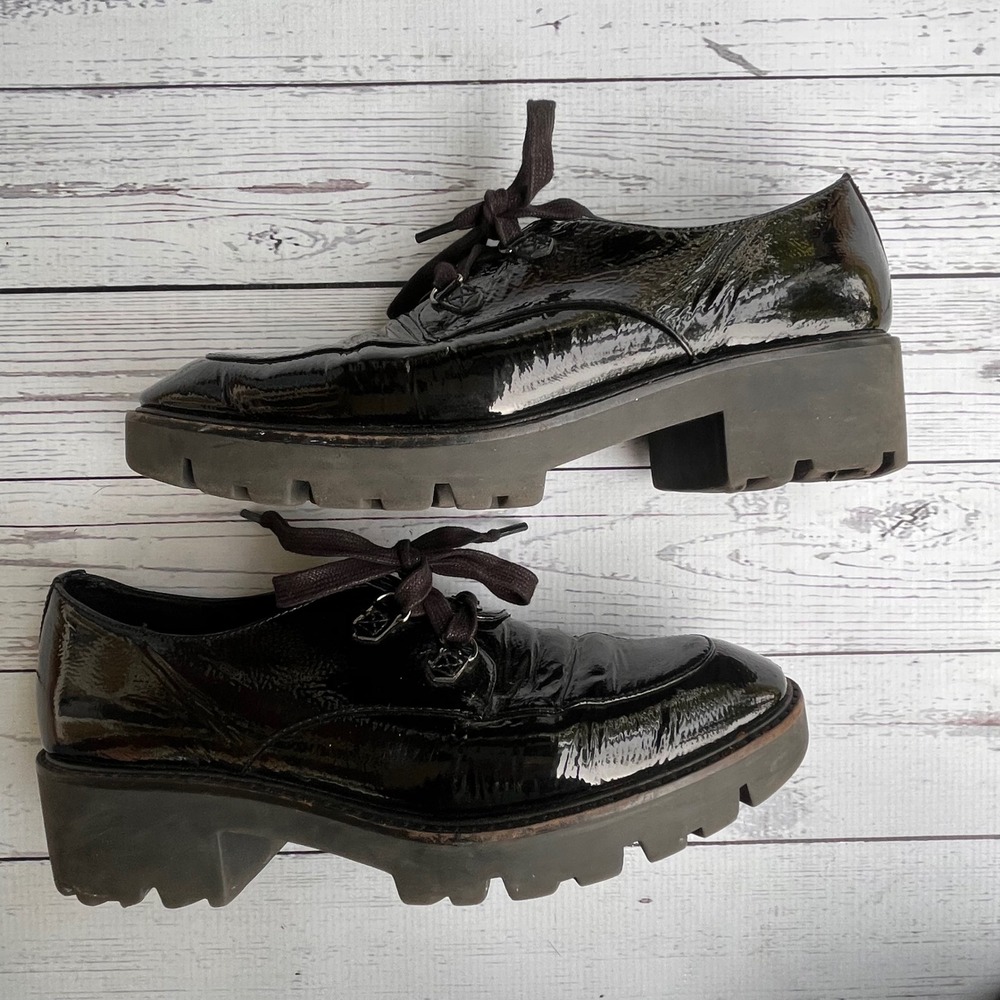Donald Pliner Black Patent Crinkle Leather Chunky Lug Sole Oxford Shoes Women 9